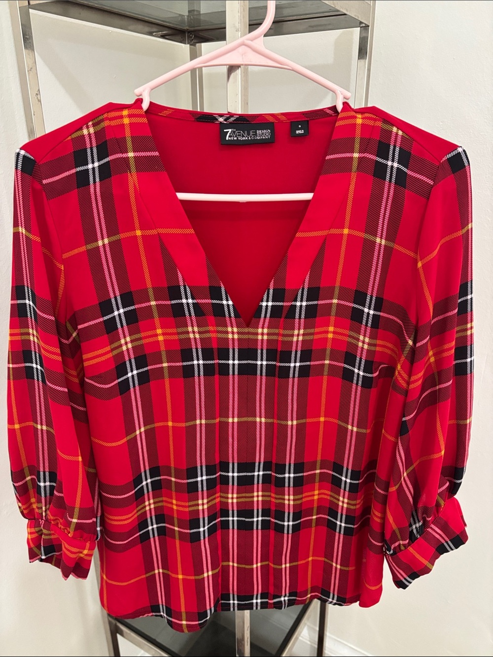 7th Avenue Red Plaid V-Neck Blouse